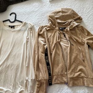 $89 DKNY Women's Beige Logo Stripe Velour Full Zip Hoodie XS and Ivory Top